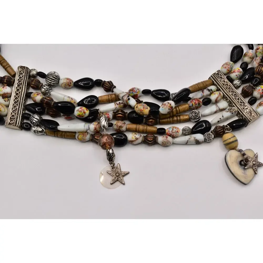 Vintage Multi-Strand Black White Glass Beaded Charm Belt 37” Boho Artisan Coast